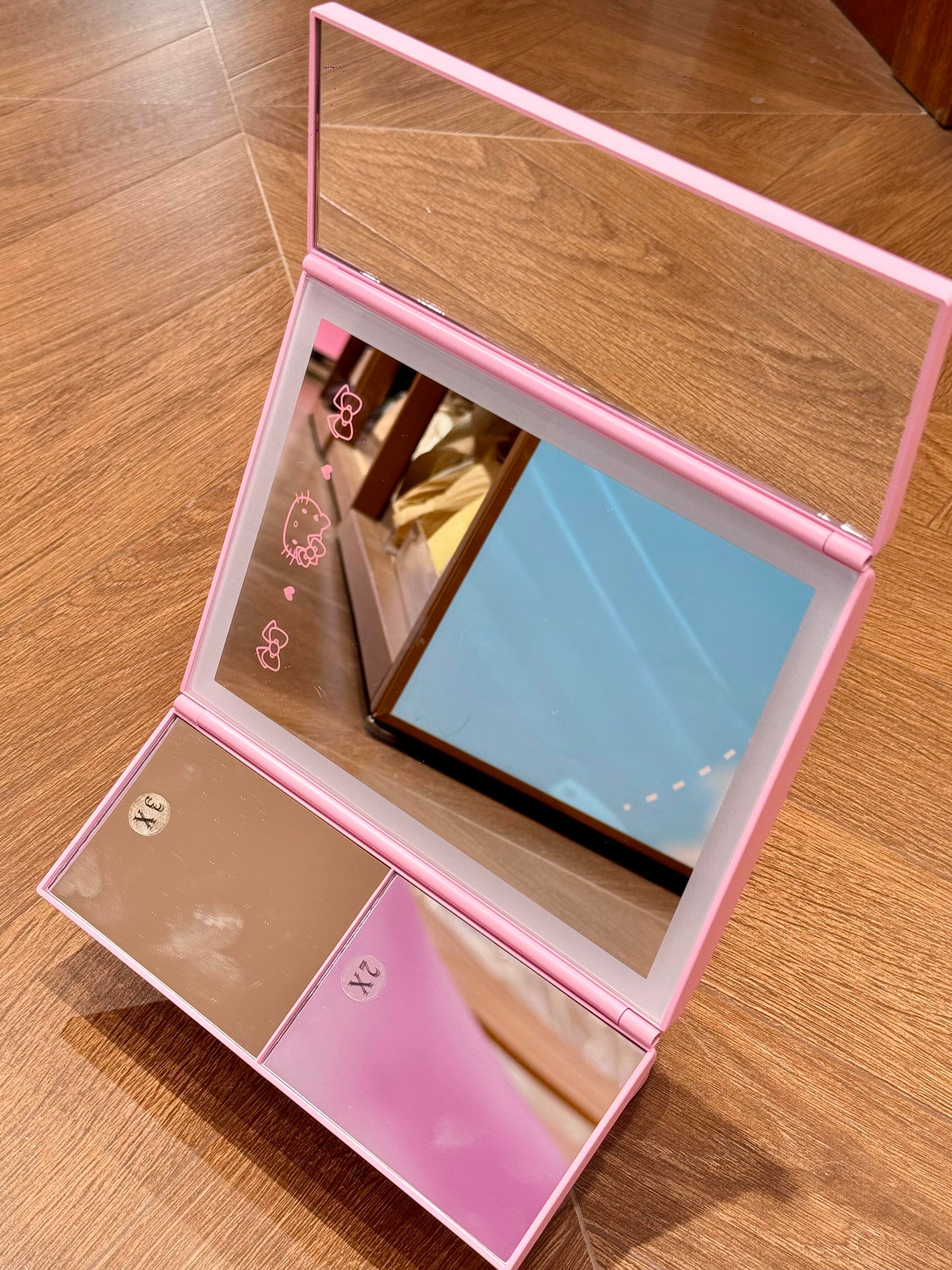 Hellokitty Pink Dresser Mount Tri-Fold Lighted Vanity Mirror with LED Lights, Touch Screen and 3X/2X/1X Magnification,  Make Up Mirror,Travel Mirror