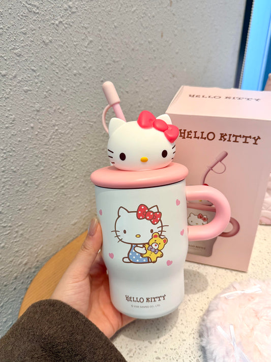 Sanrio Hellokitty 500ml Tumbler with Handle Stainless Steel Insulated Cup with Lid & Straw Water Bottle Cupholder Friendly Women Travel Mug