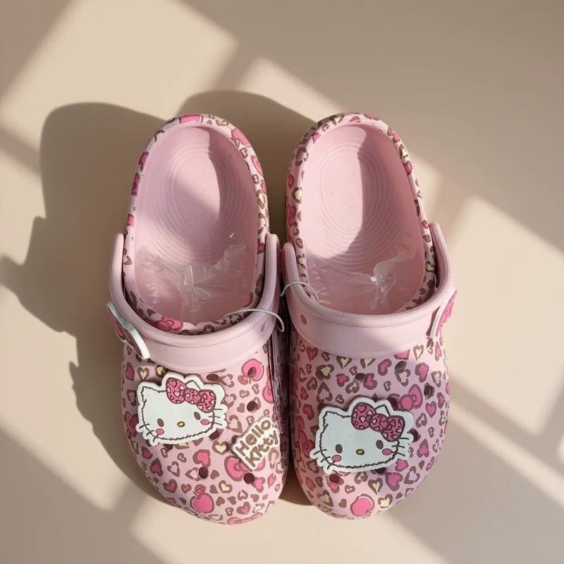 Hello Kitty Pink Leopard Print Beach Shoes Clogs Slip on Water Casual Sandal Shoes