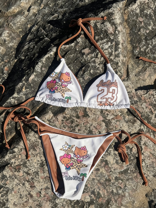 Hellokitty White Leopard Print Halter Tie Side Triangle Bikini Set high Cut 2 Piece Bikini Swimsuit Bathing Suit