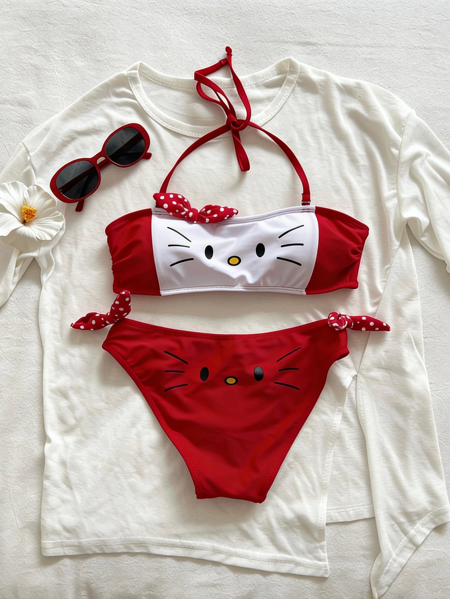 Hellokitty Red Bikini Sets Swimsuits Crisscross Tie-Back Bathing Suits