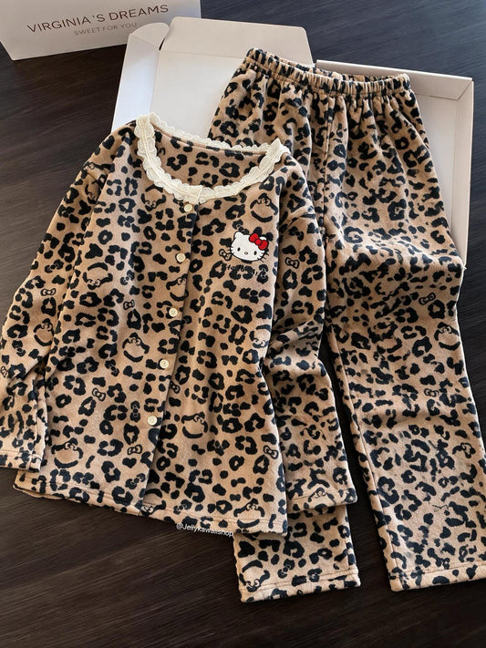 Hello Kitty Brown Leopard Print Loungewear Fleece Pajamas