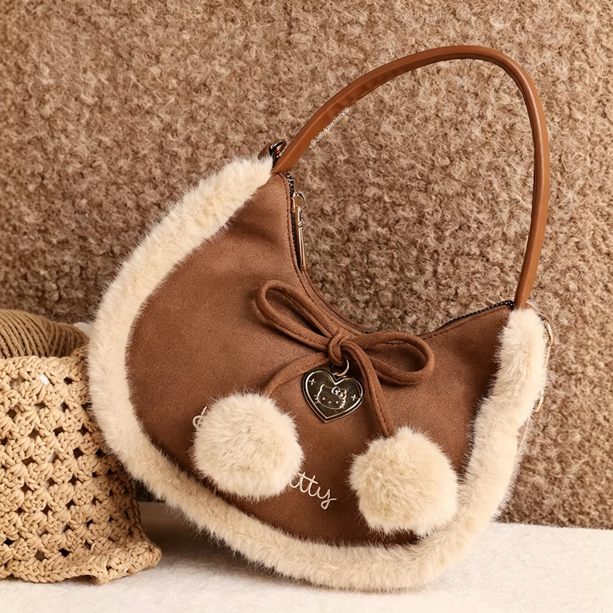 Hello Kitty Brown Plush Fuzzy Shoulder Bag