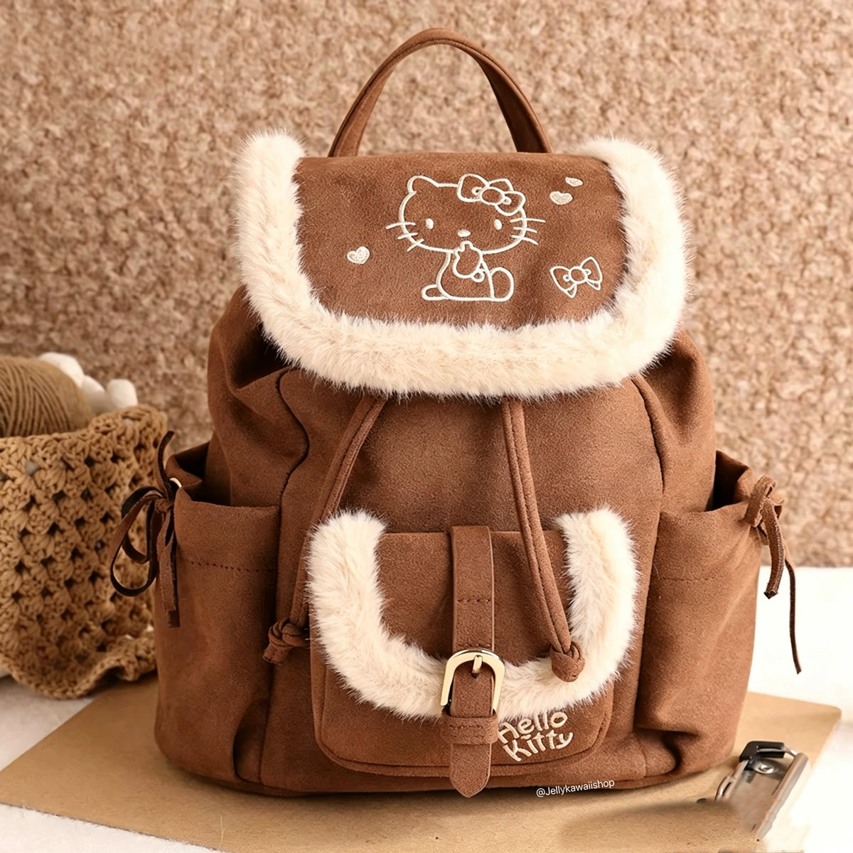 Hello Kitty Brown Plush Fuzzy Shoulder Bag