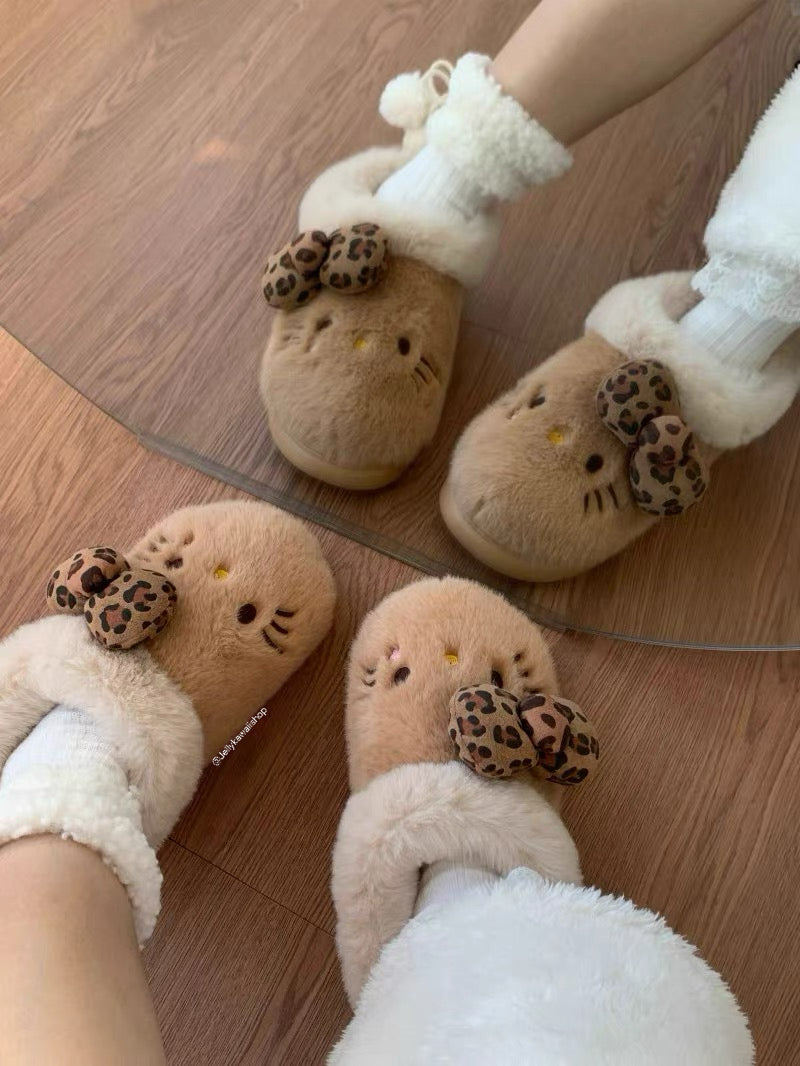 Hello Kitty Leopard Print Brown Fuzzy Slippers
