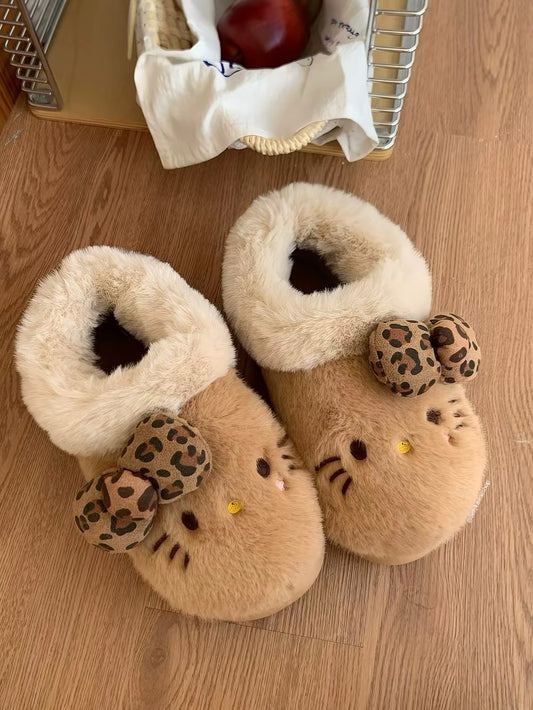 Hello Kitty Leopard Print Brown Fuzzy Slippers