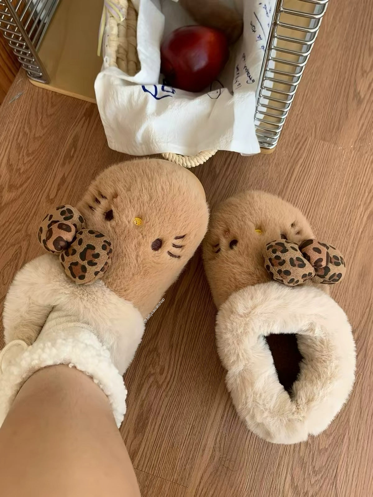 Hello Kitty Leopard Print Brown Fuzzy Slippers