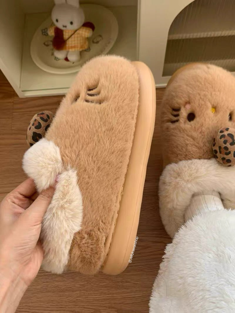 Hello Kitty Leopard Print Brown Fuzzy Slippers
