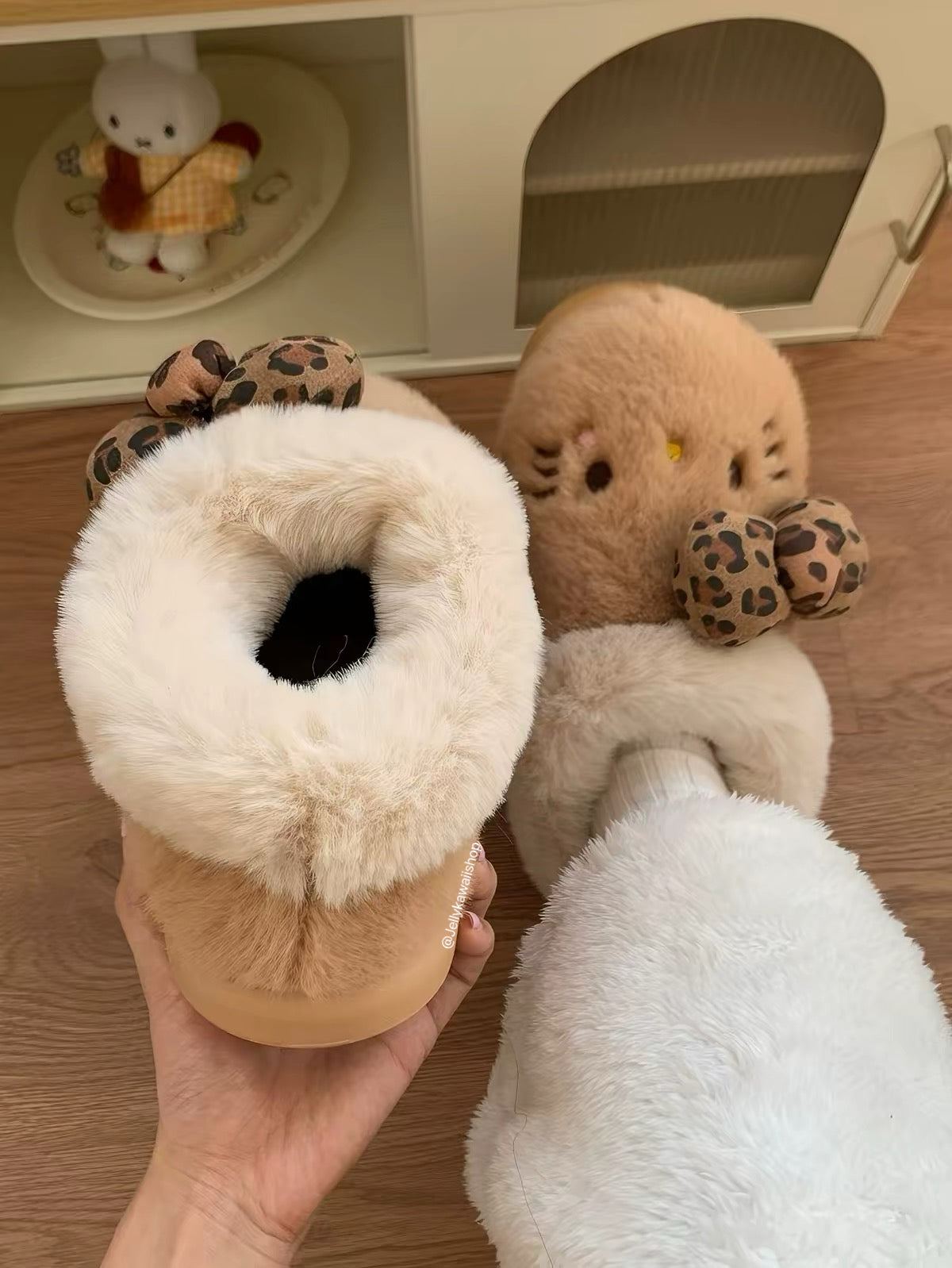Hello Kitty Leopard Print Brown Fuzzy Slippers