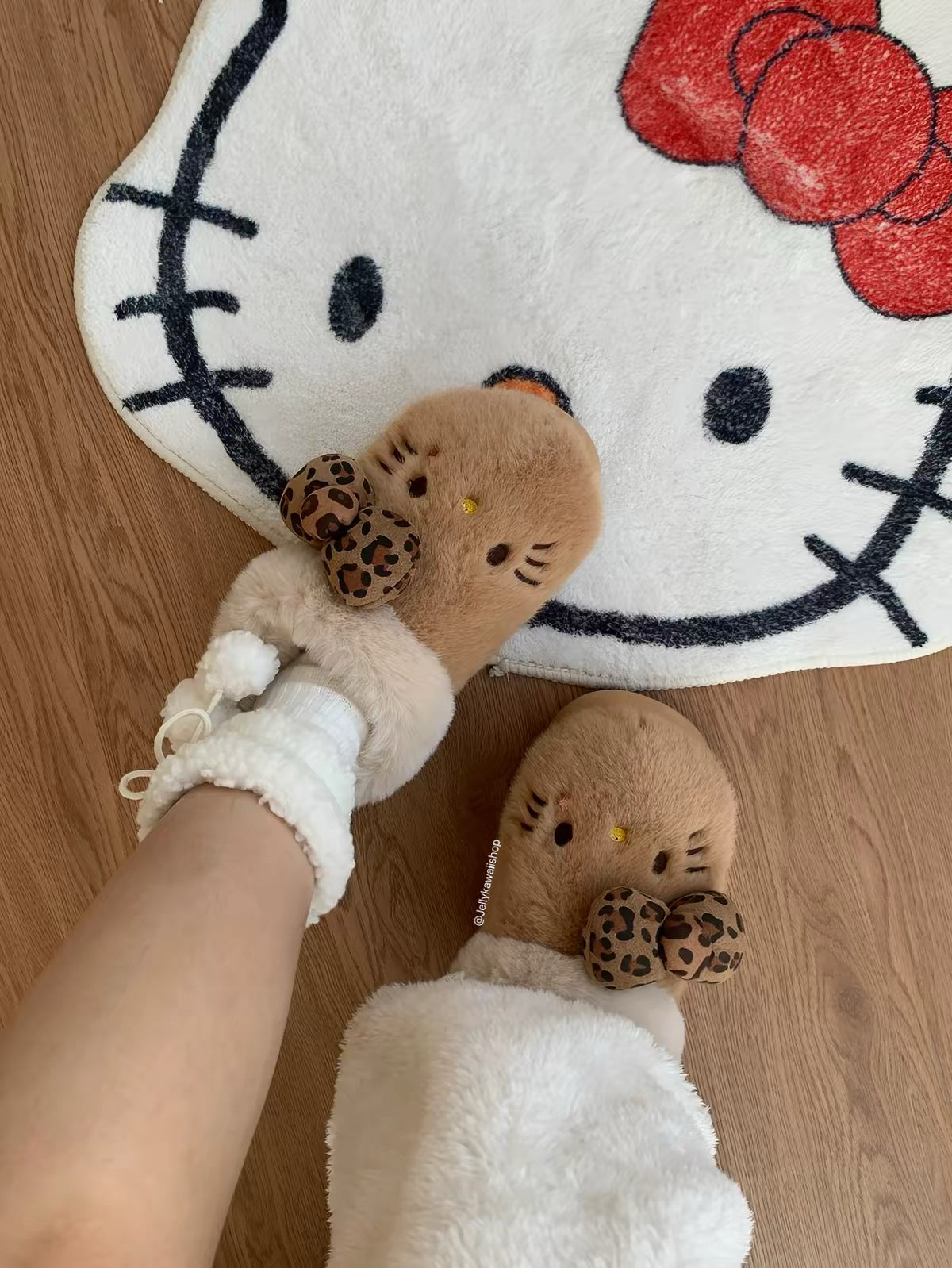 Hello Kitty Leopard Print Brown Fuzzy Slippers