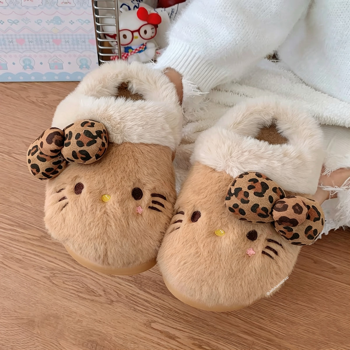 Hello Kitty Leopard Print Brown Fuzzy Slippers