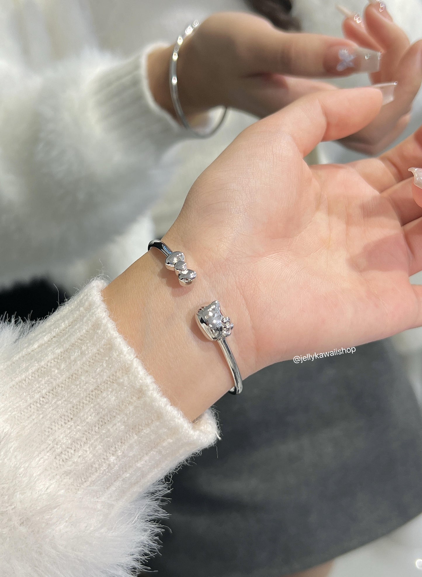 HelloKitty Sterling Silver Open Bangle Adjustable Bracelets