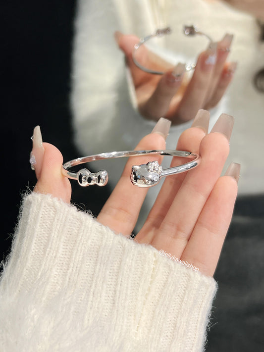 HelloKitty Sterling Silver Open Bangle Adjustable Bracelets