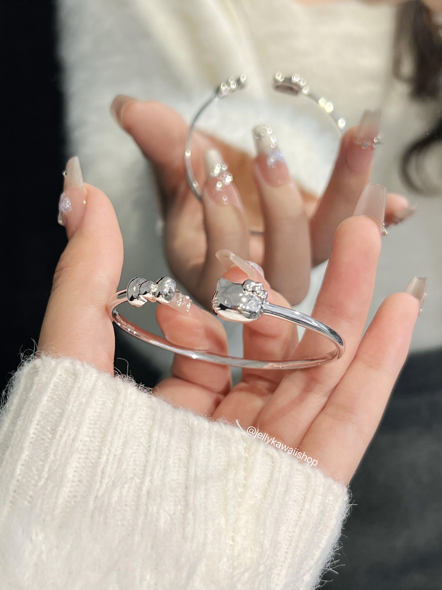HelloKitty Sterling Silver Open Bangle Adjustable Bracelets