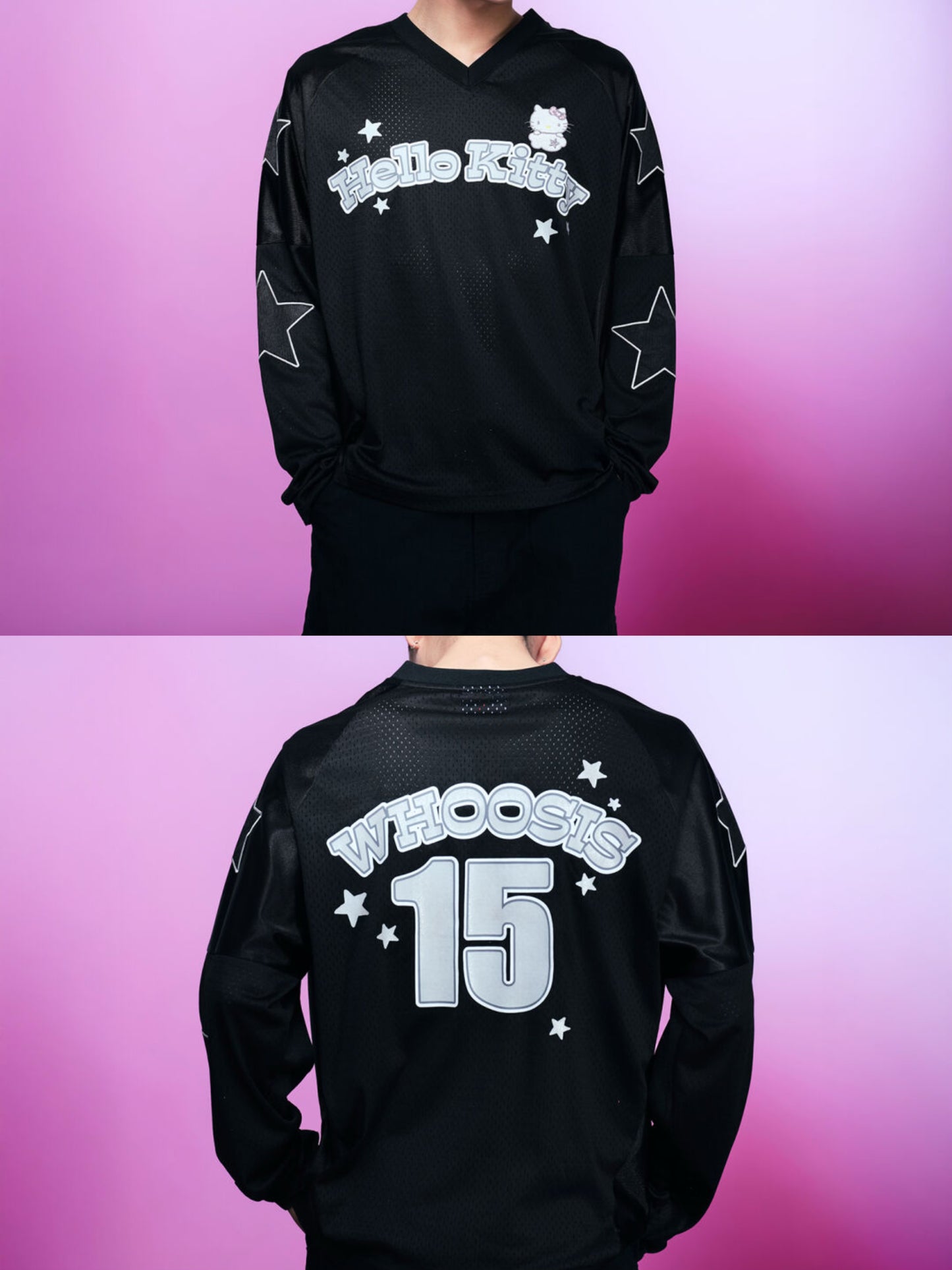 Hello kitty Glitter Print Loose Long-Sleeve Hockey T-Shirt Jersey Shirts Sports Uniform for Spring/Summer