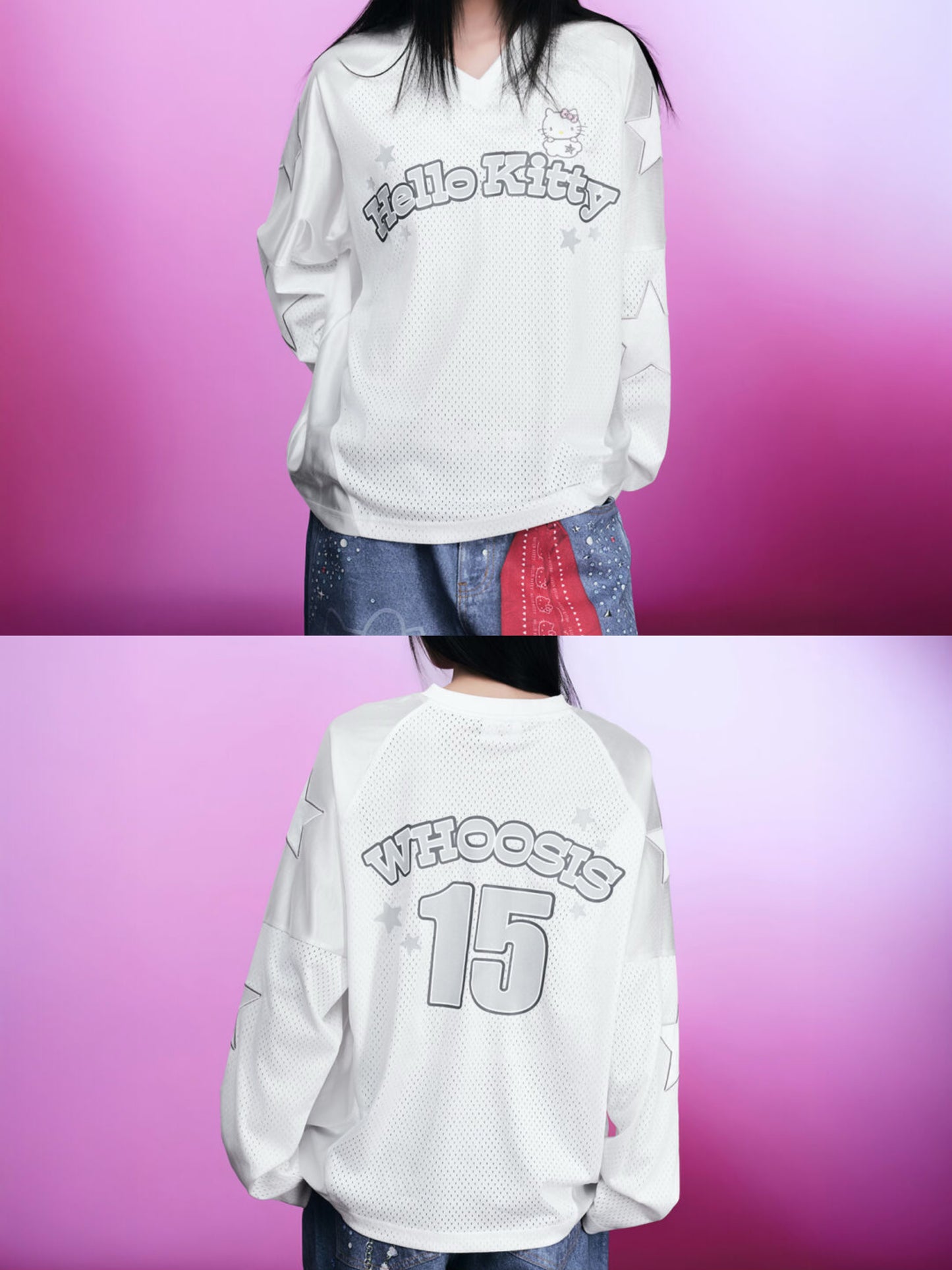 Hello kitty Glitter Print Loose Long-Sleeve Hockey T-Shirt Jersey Shirts Sports Uniform for Spring/Summer