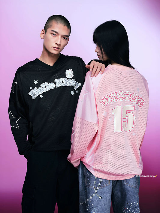 Hello kitty Glitter Print Loose Long-Sleeve Hockey T-Shirt Jersey Shirts Sports Uniform for Spring/Summer
