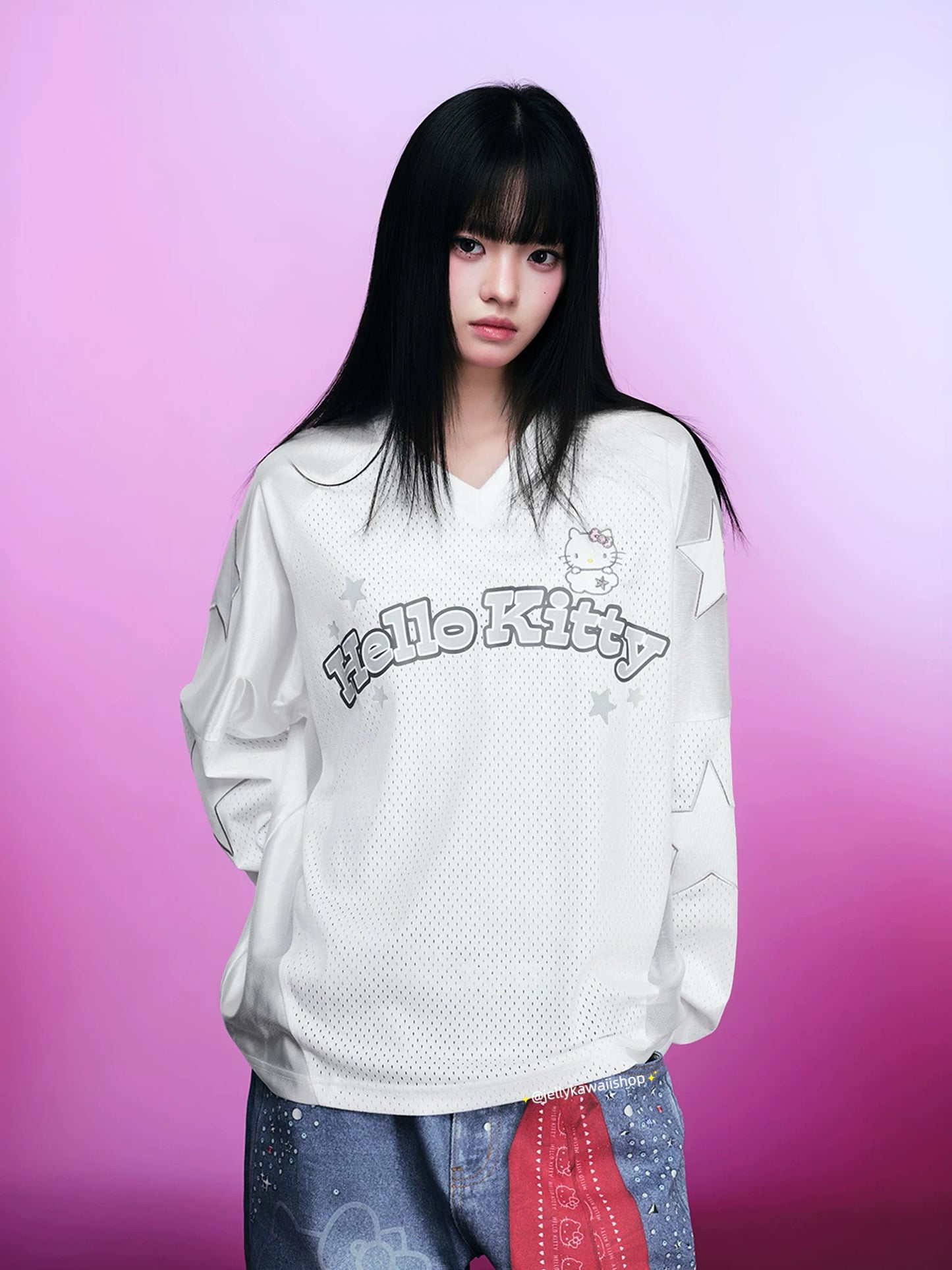 Hello kitty Glitter Print Loose Long-Sleeve Hockey T-Shirt Jersey Shirts Sports Uniform for Spring/Summer