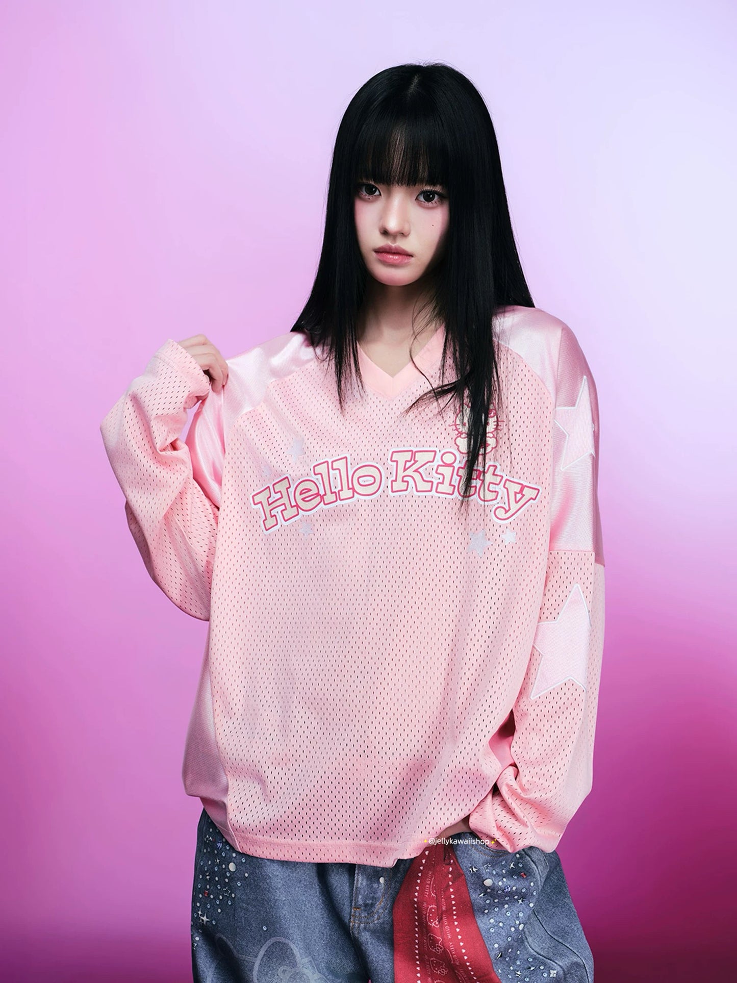 Hello kitty Glitter Print Loose Long-Sleeve Hockey T-Shirt Jersey Shirts Sports Uniform for Spring/Summer