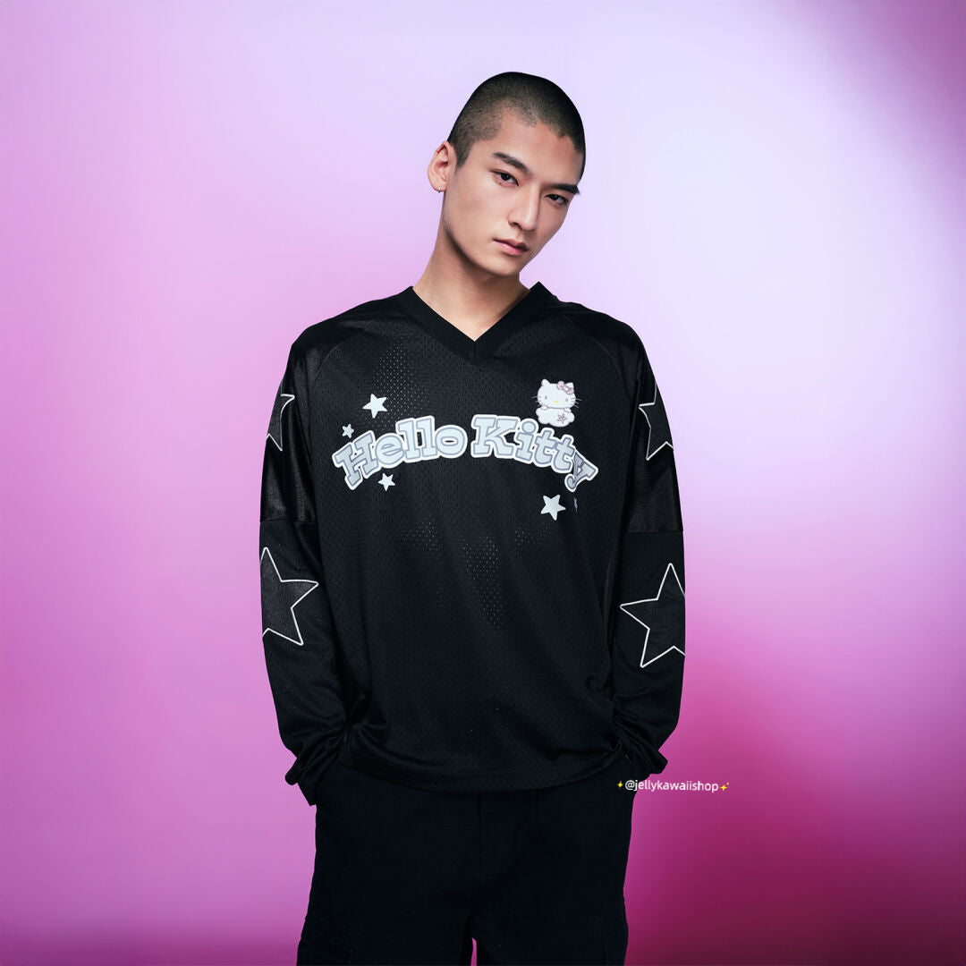 Hello kitty Glitter Print Loose Long-Sleeve Hockey T-Shirt Jersey Shirts Sports Uniform for Spring/Summer