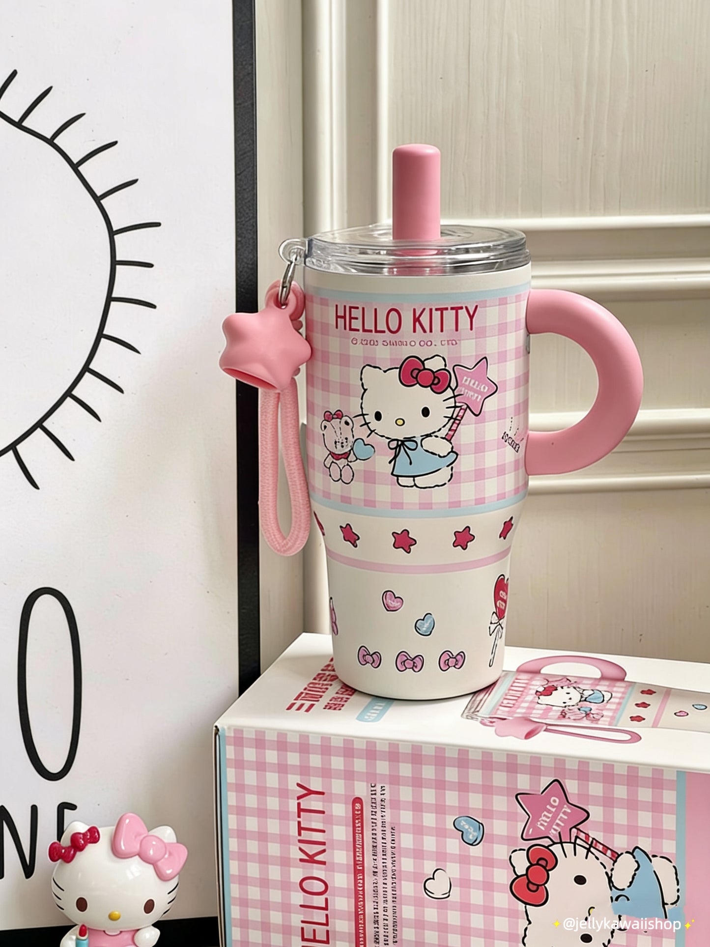 Hellokitty 580ml Tumbler with Handle Stainless Steel Insulated Cup with Lid & Straw Water Bottle Cupholder Friendly Women Travel Mug