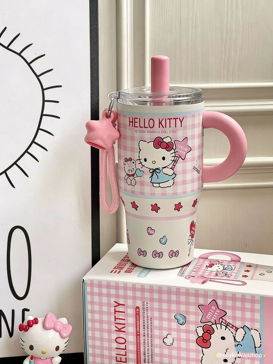 Hellokitty 580ml Tumbler with Handle Stainless Steel Insulated Cup with Lid & Straw Water Bottle Cupholder Friendly Women Travel Mug