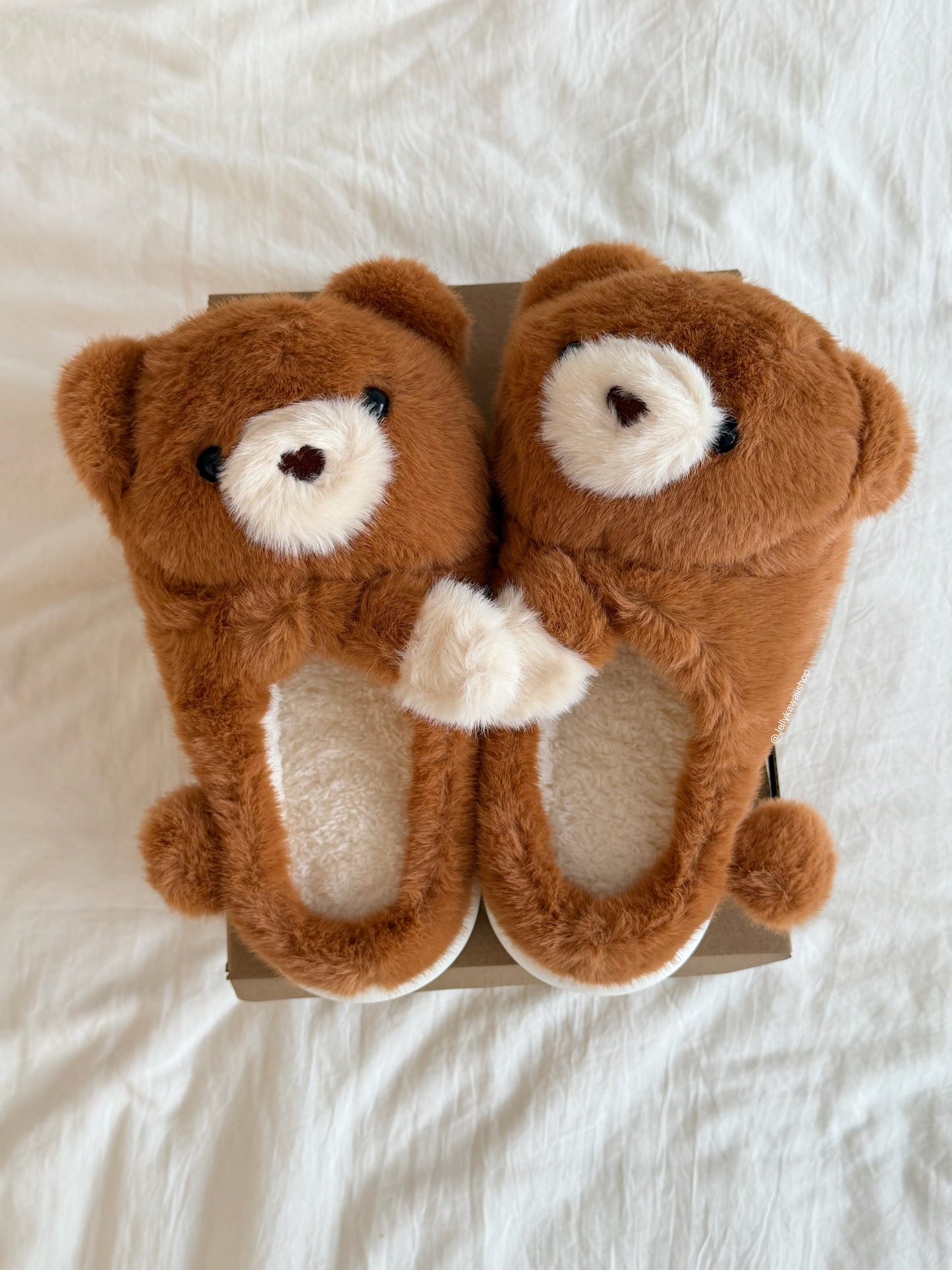 Girly Fuzzy Fluffy Brown Hugging Bear Plush Slippers