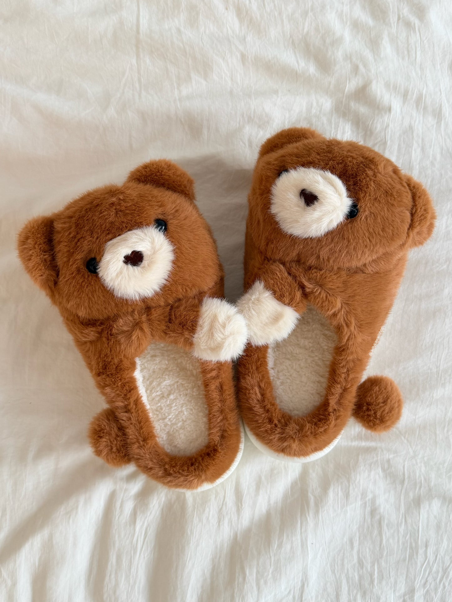 Girly Fuzzy Fluffy Brown Hugging Bear Plush Slippers