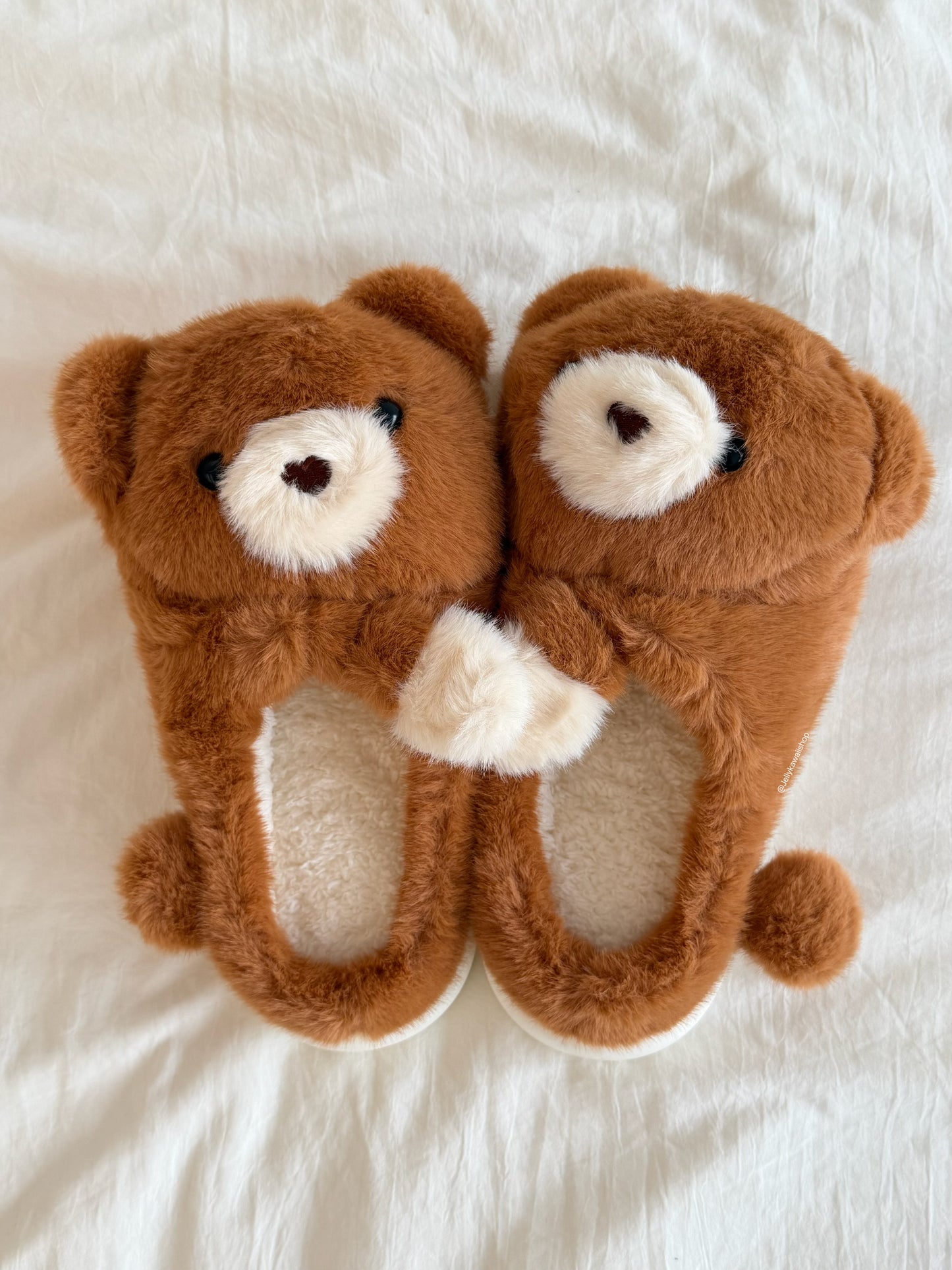 Girly Fuzzy Fluffy Brown Hugging Bear Plush Slippers
