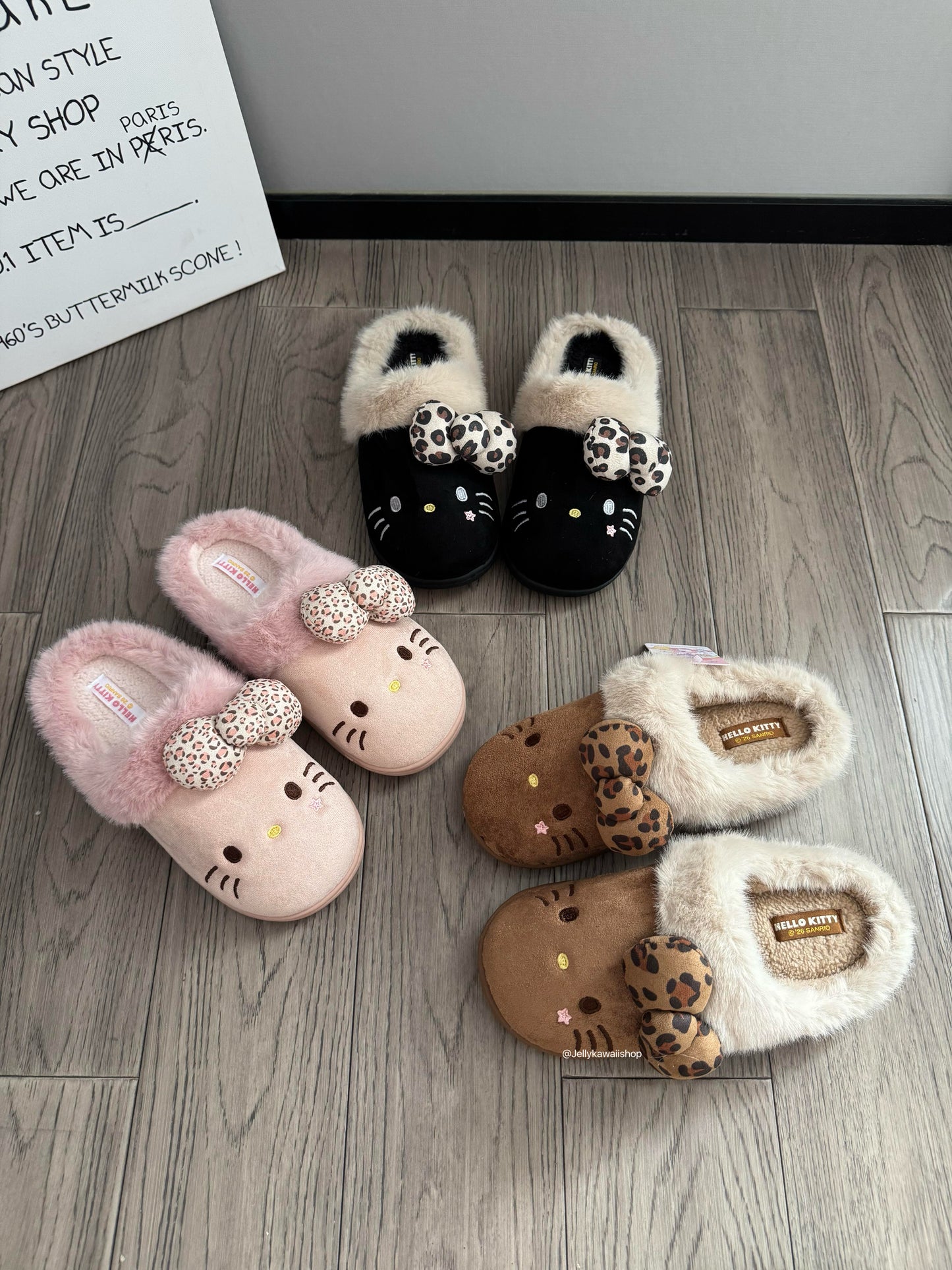 Hello Kitty Leopard Print Bow Fuzzy Slippers