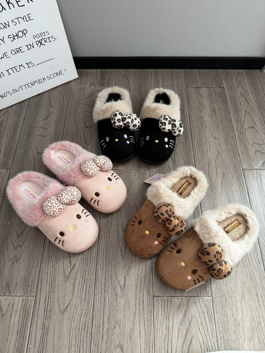 Hello Kitty Leopard Print Bow Fuzzy Slippers