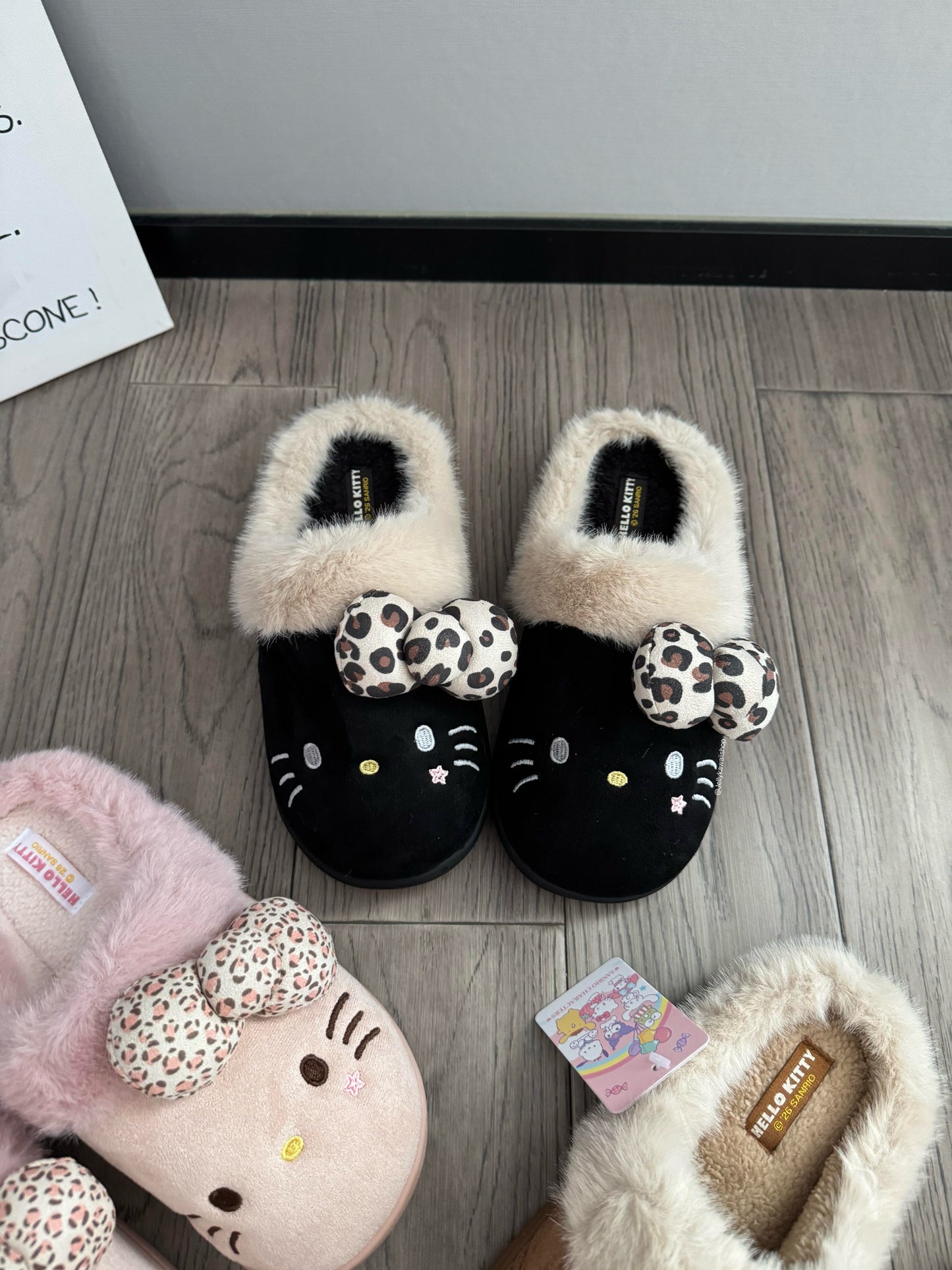 Hello Kitty Leopard Print Bow Fuzzy Slippers