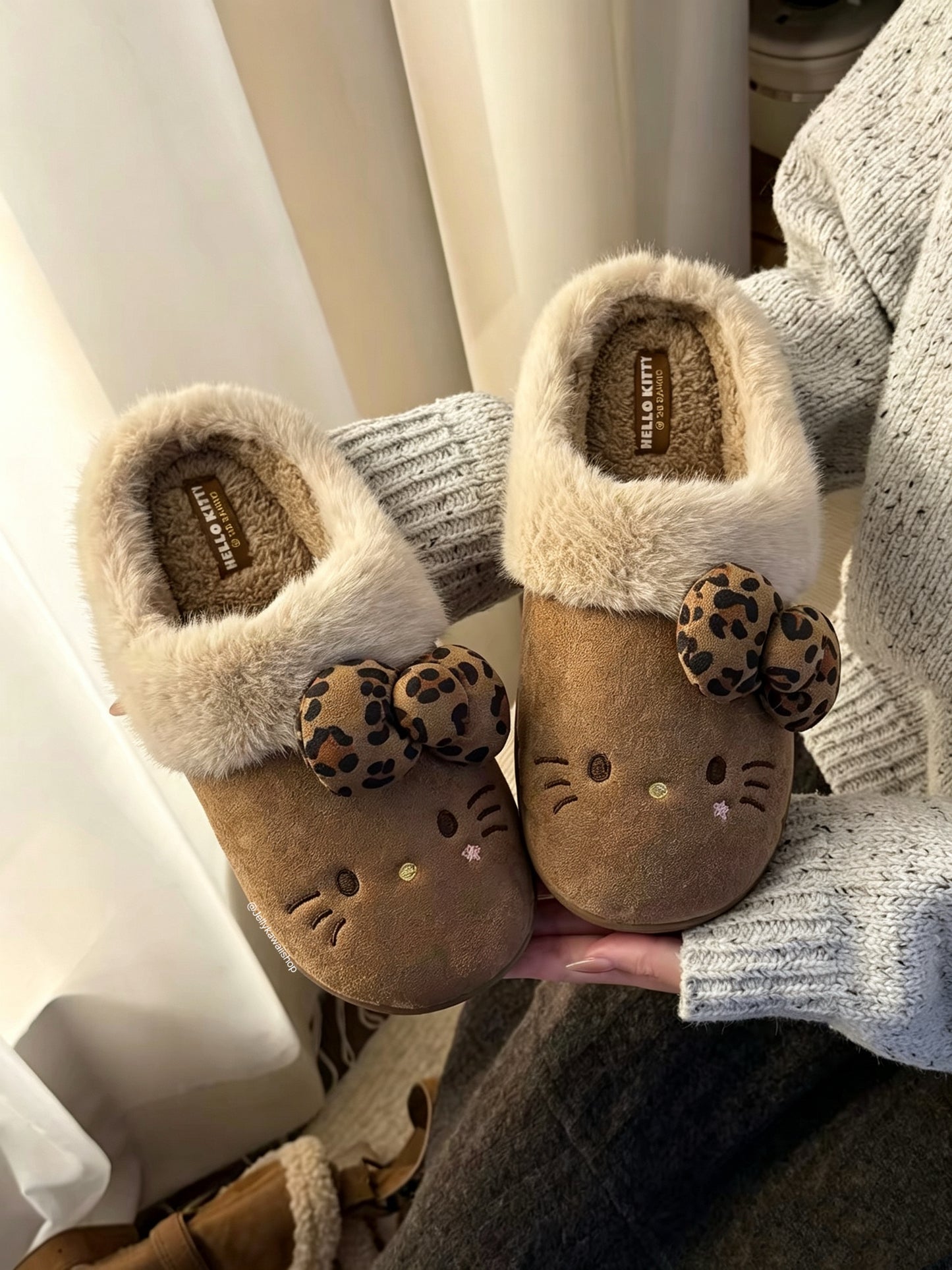 Hello Kitty Leopard Print Bow Fuzzy Slippers