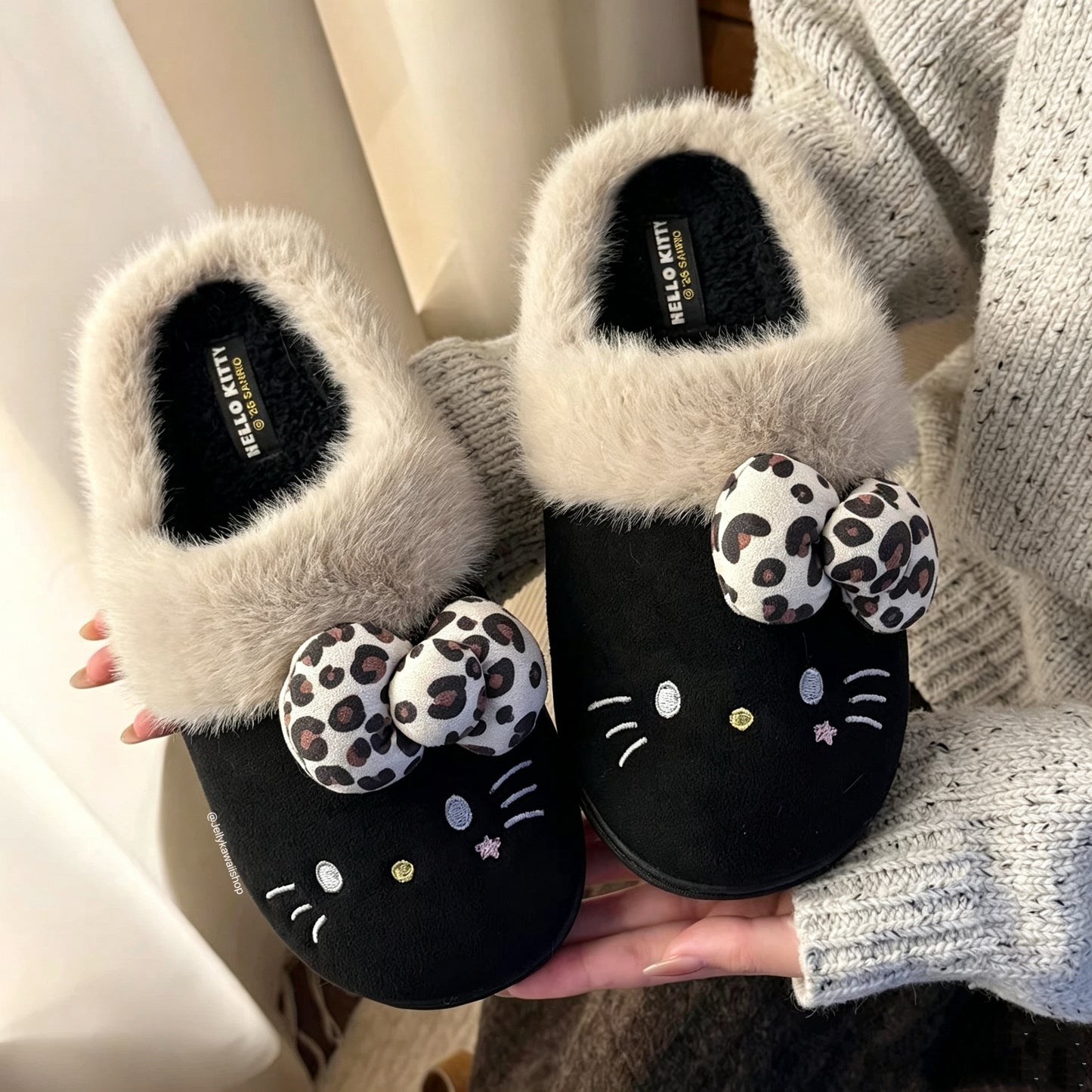 Hello Kitty Leopard Print Bow Fuzzy Slippers