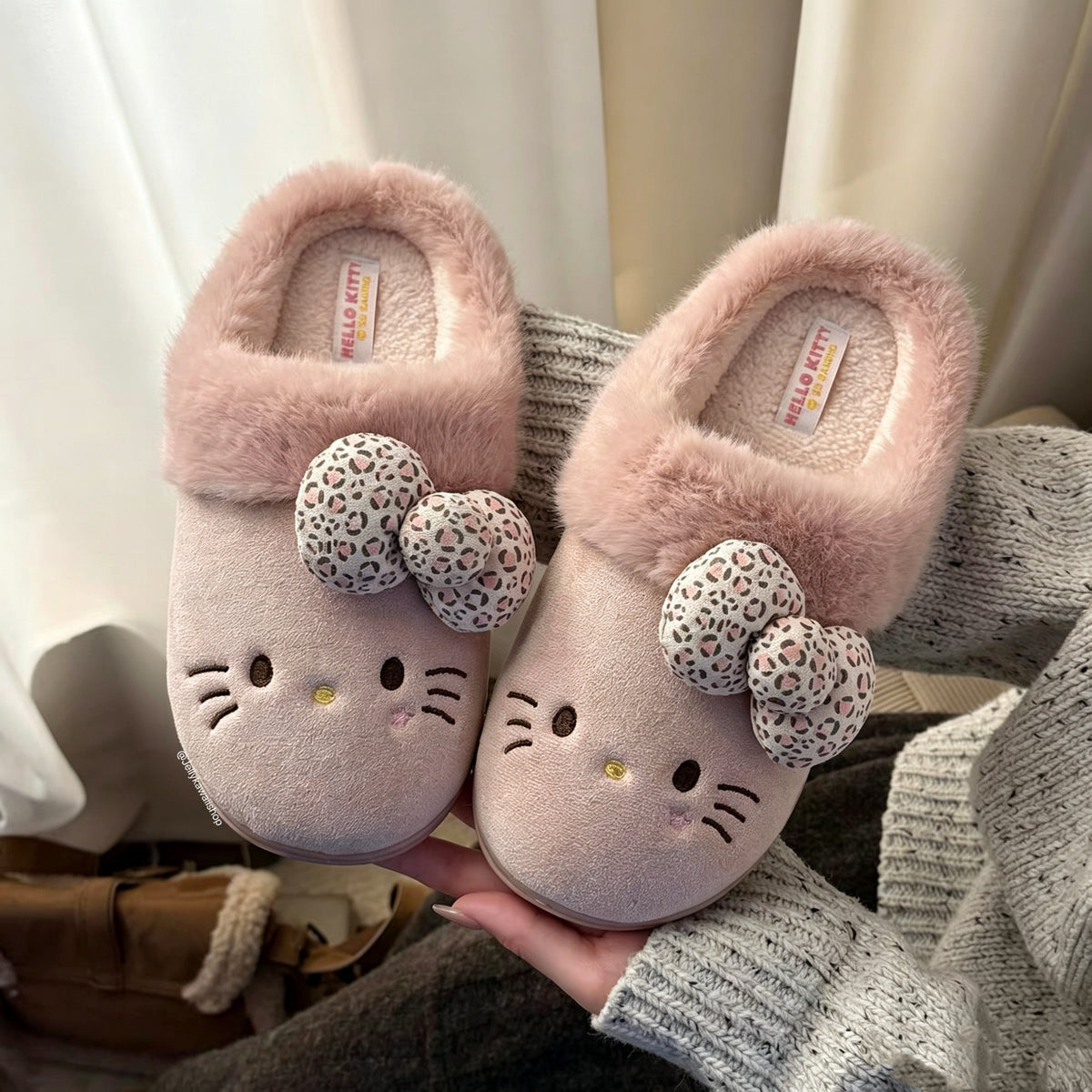 Hello Kitty Leopard Print Bow Fuzzy Slippers