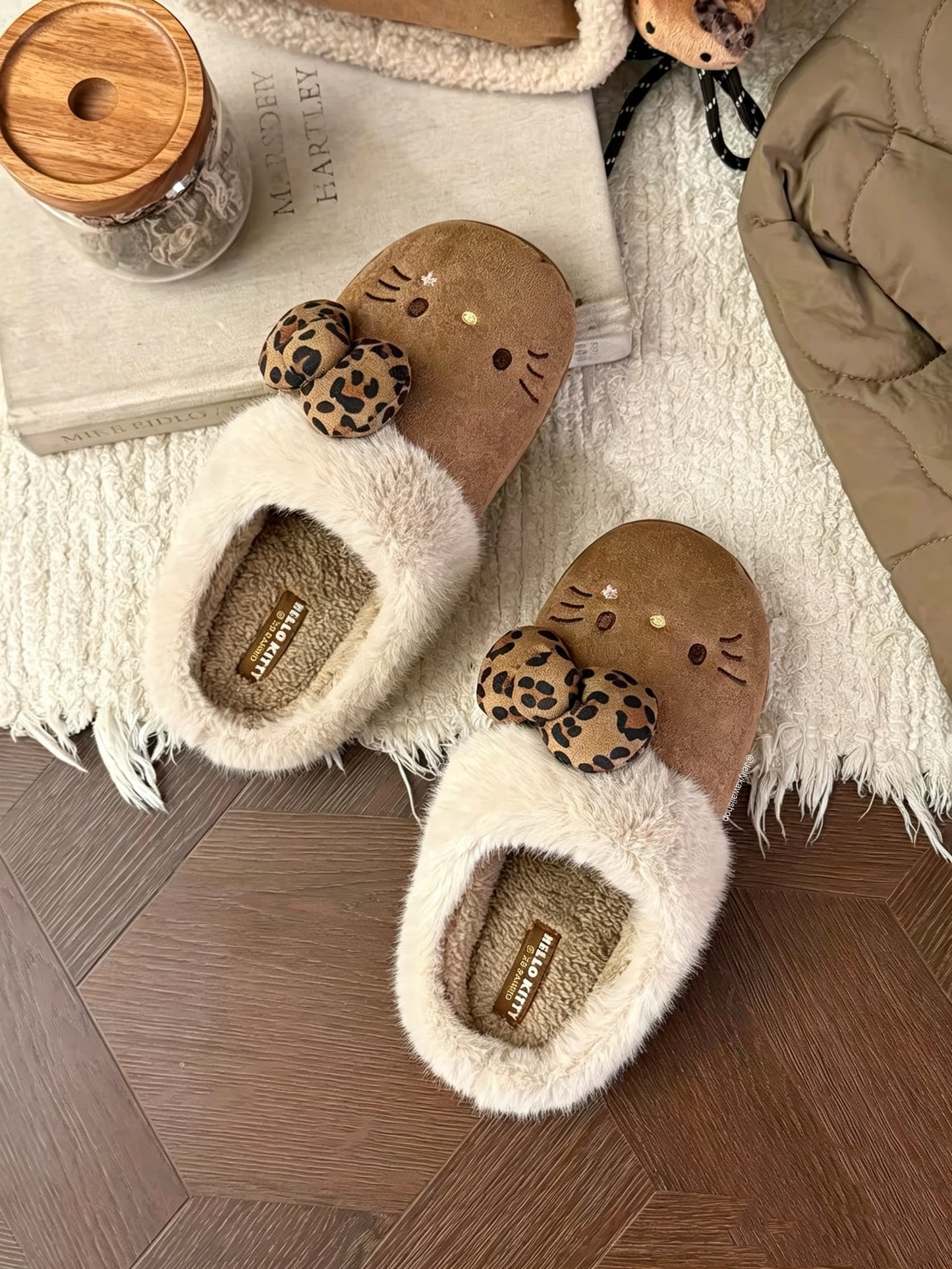 Hello Kitty Leopard Print Bow Fuzzy Slippers
