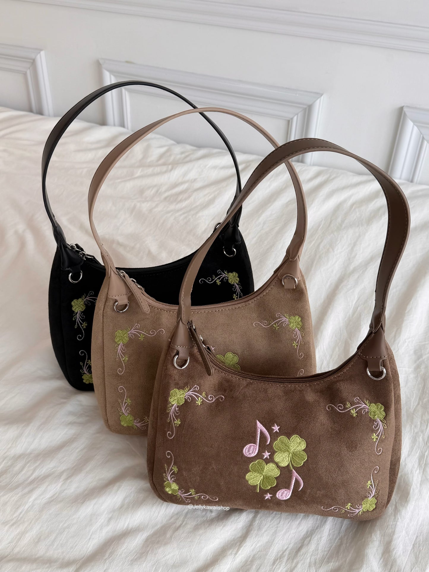 Four-Leaf Clover Music Note Suede Shoulder Tote Bag