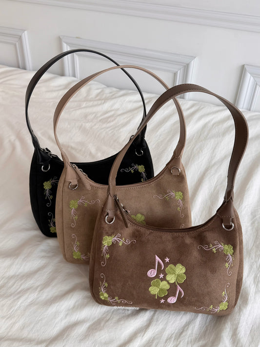 Four-Leaf Clover Music Note Suede Shoulder Tote Bag