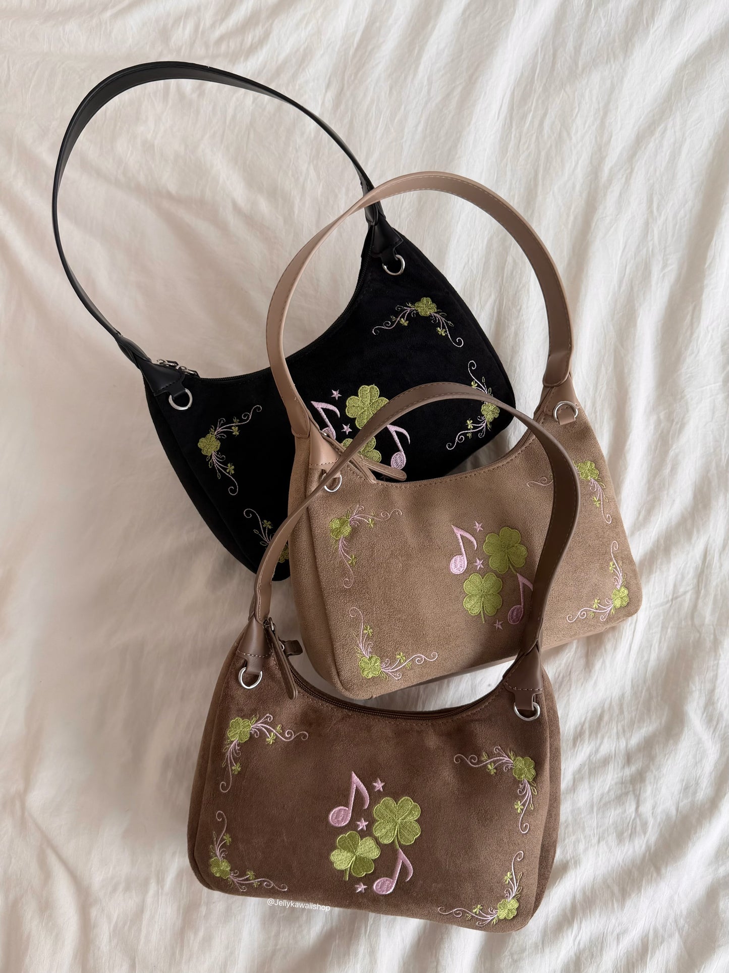 Four-Leaf Clover Music Note Suede Shoulder Tote Bag