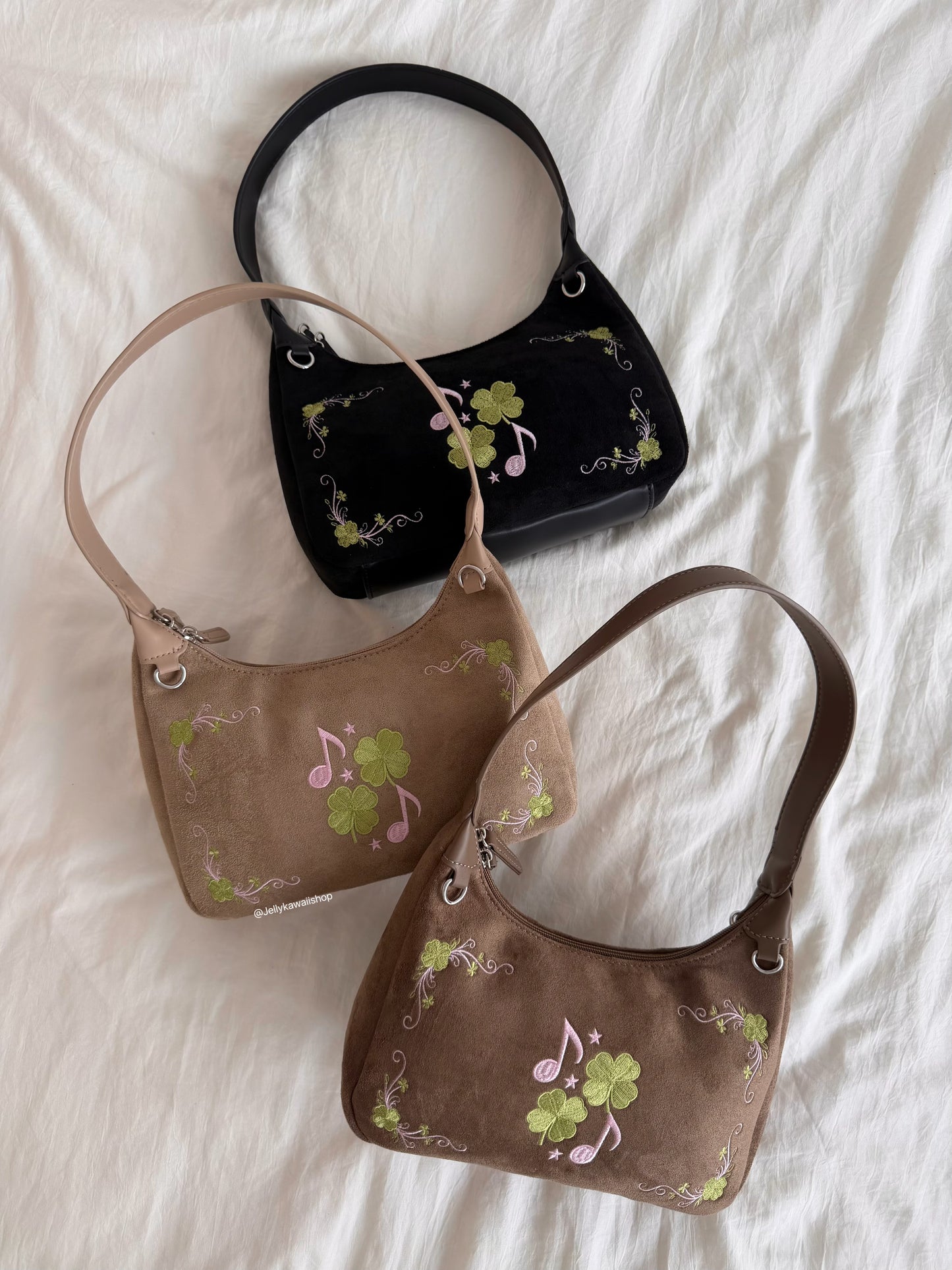 Four-Leaf Clover Music Note Suede Shoulder Tote Bag