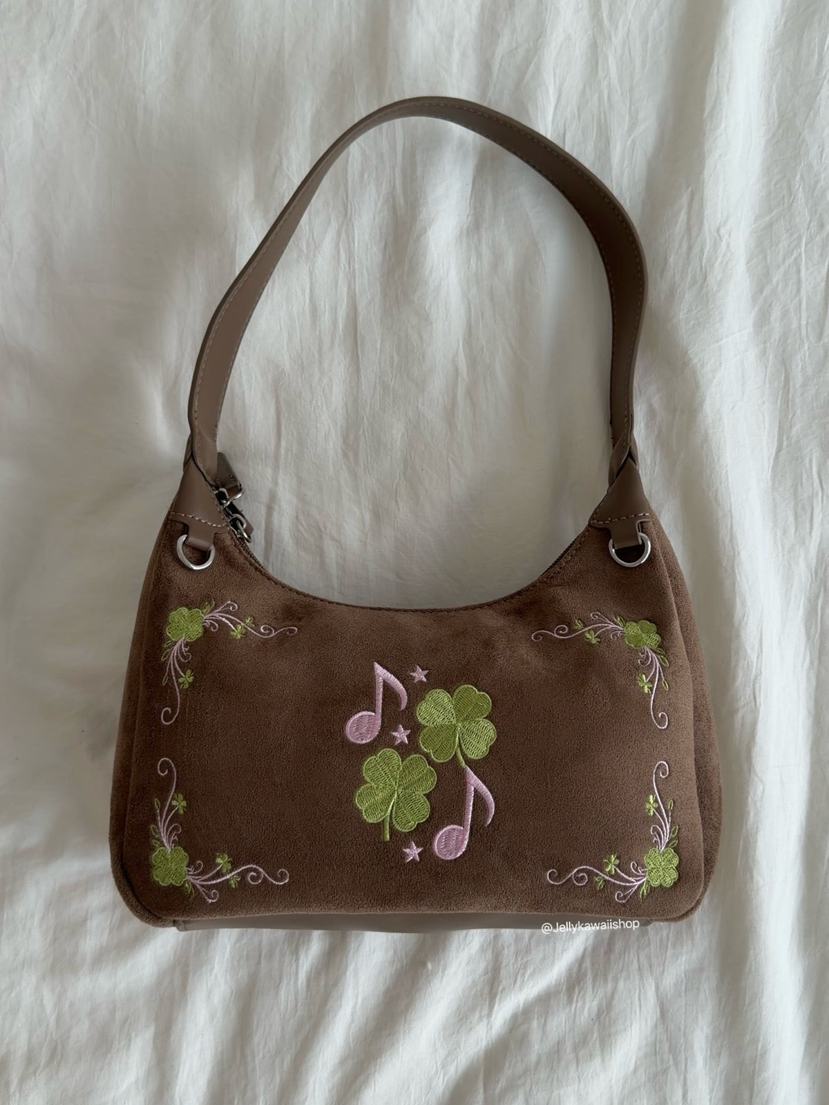 Four-Leaf Clover Music Note Suede Shoulder Tote Bag