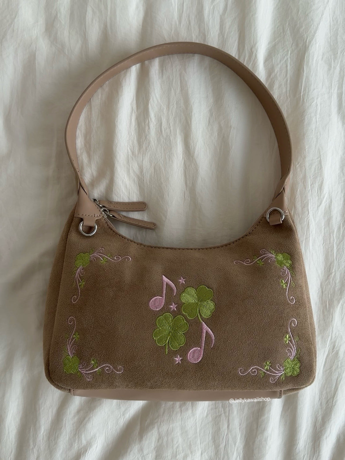 Four-Leaf Clover Music Note Suede Shoulder Tote Bag