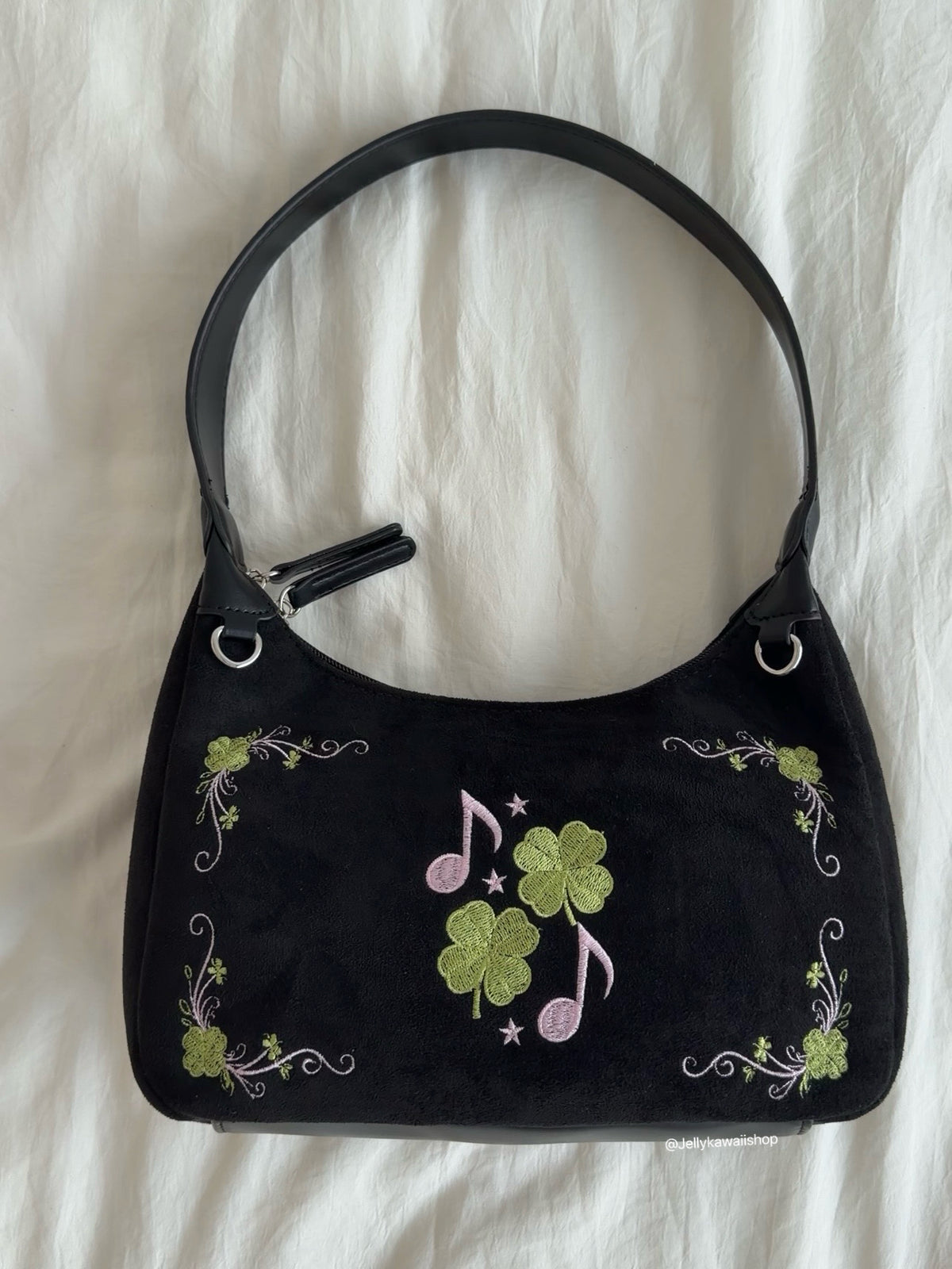 Four-Leaf Clover Music Note Suede Shoulder Tote Bag