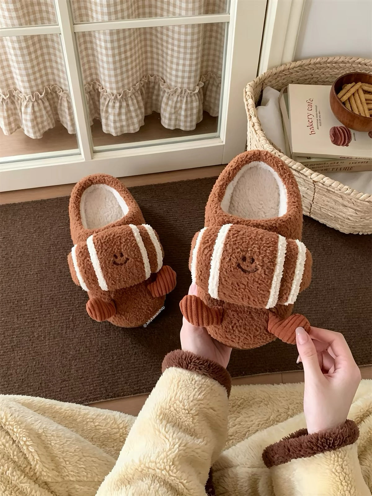 Brown Croissant Plush Fuzzy Slippers