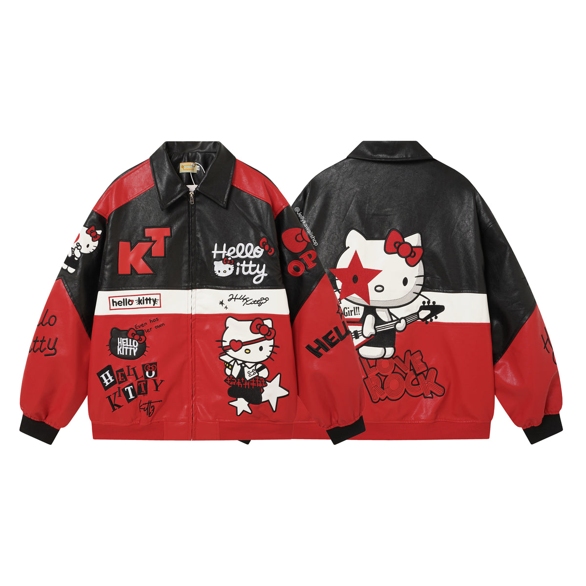 Hello Kitty Black and Red Leather Jacket Unisex Coats