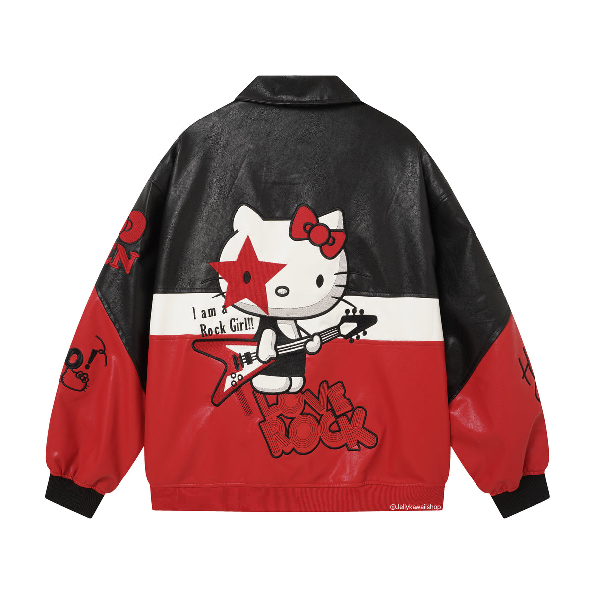 Hello Kitty Black and Red Leather Jacket Unisex Coats