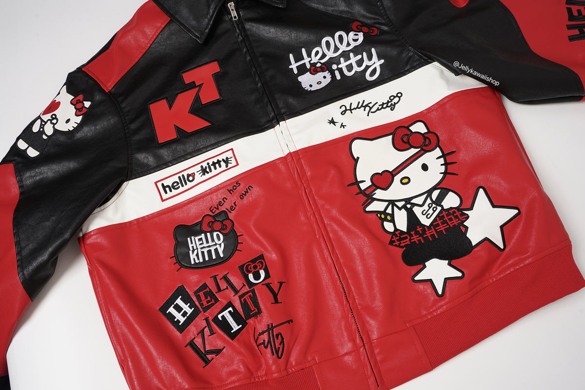 Hello Kitty Black and Red Leather Jacket Unisex Coats