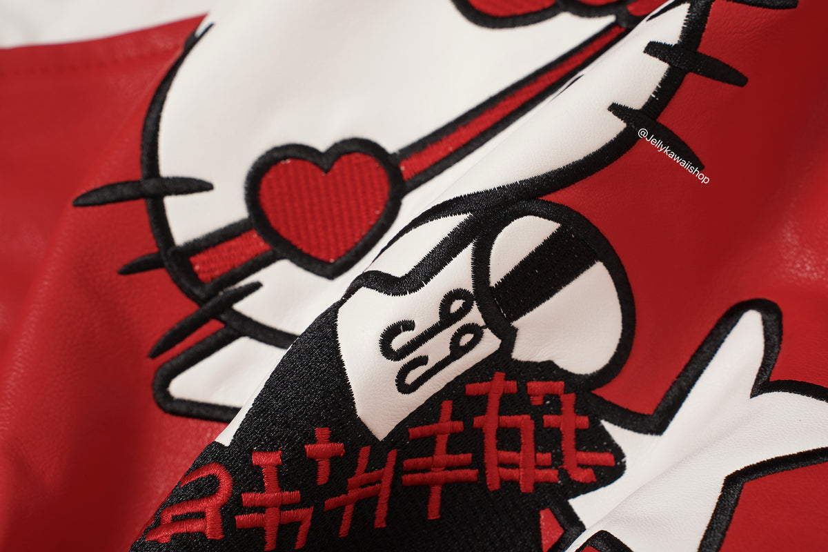 Hello Kitty Black and Red Leather Jacket Unisex Coats