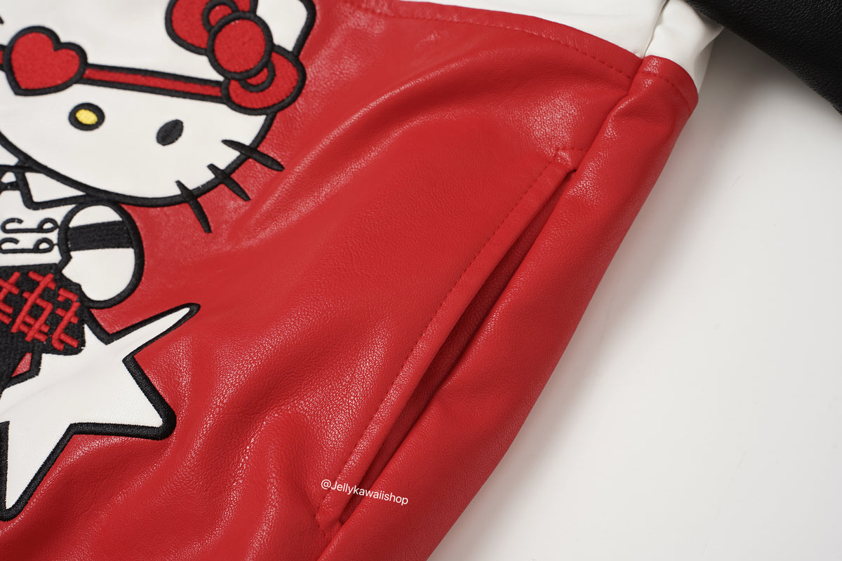 Hello Kitty Black and Red Leather Jacket Unisex Coats