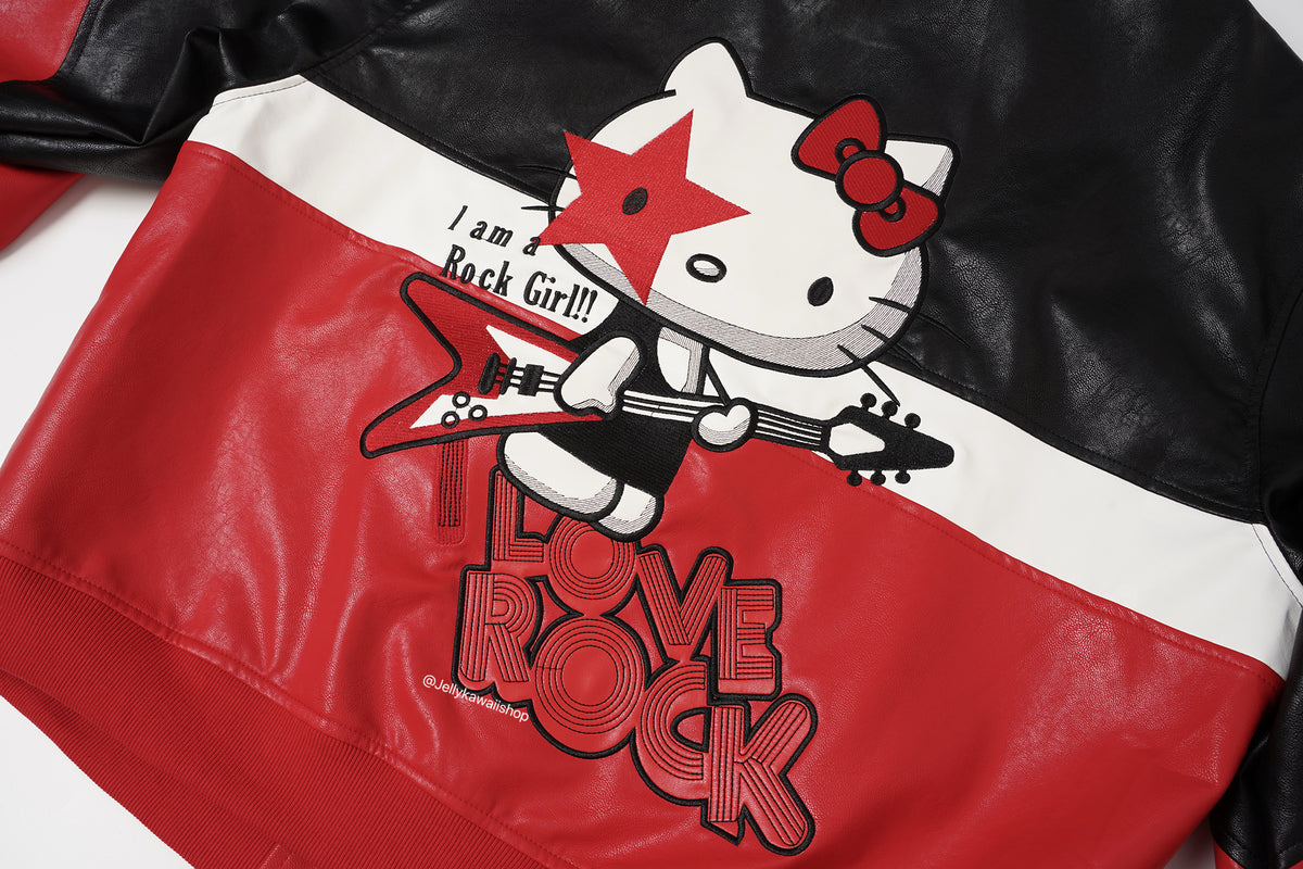 Hello Kitty Black and Red Leather Jacket Unisex Coats